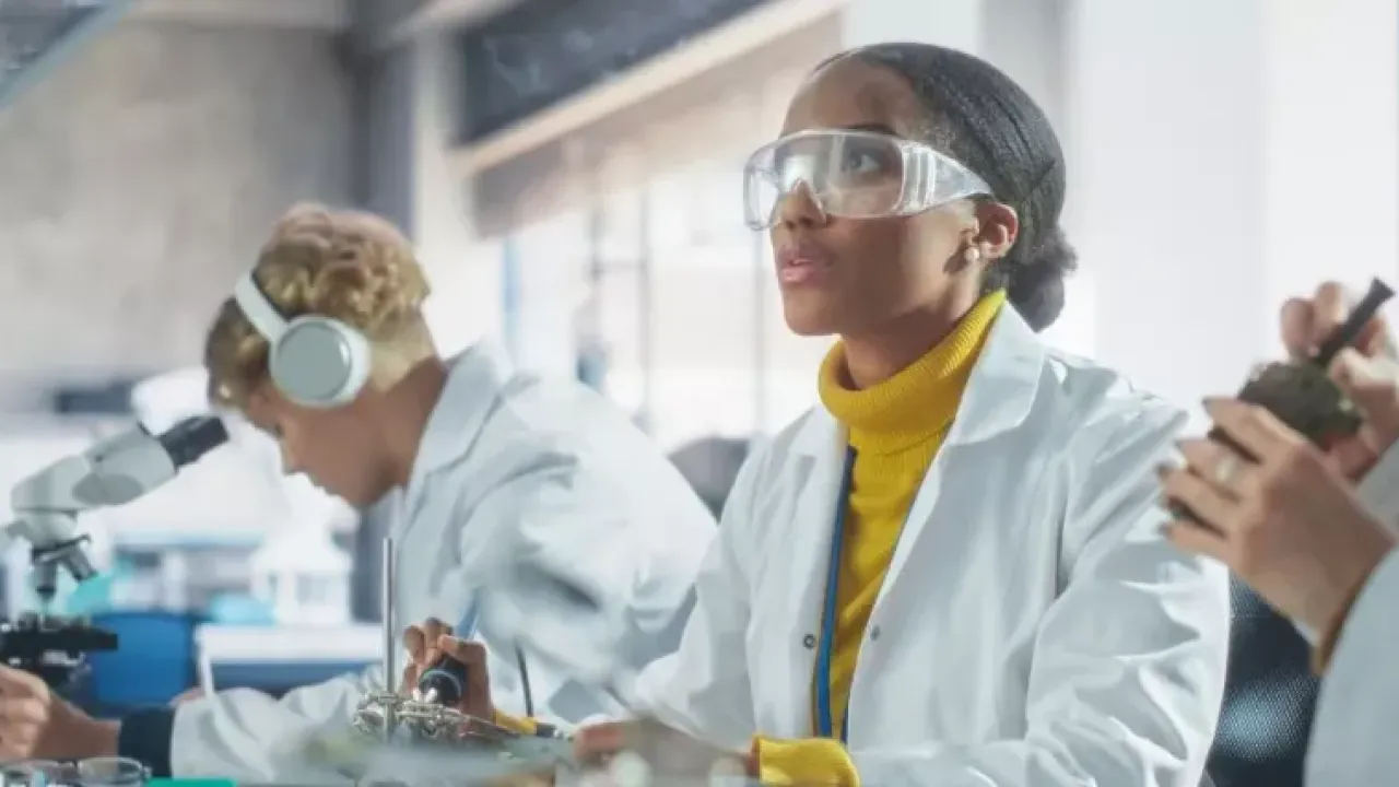 Students in protective lab gear working on projects