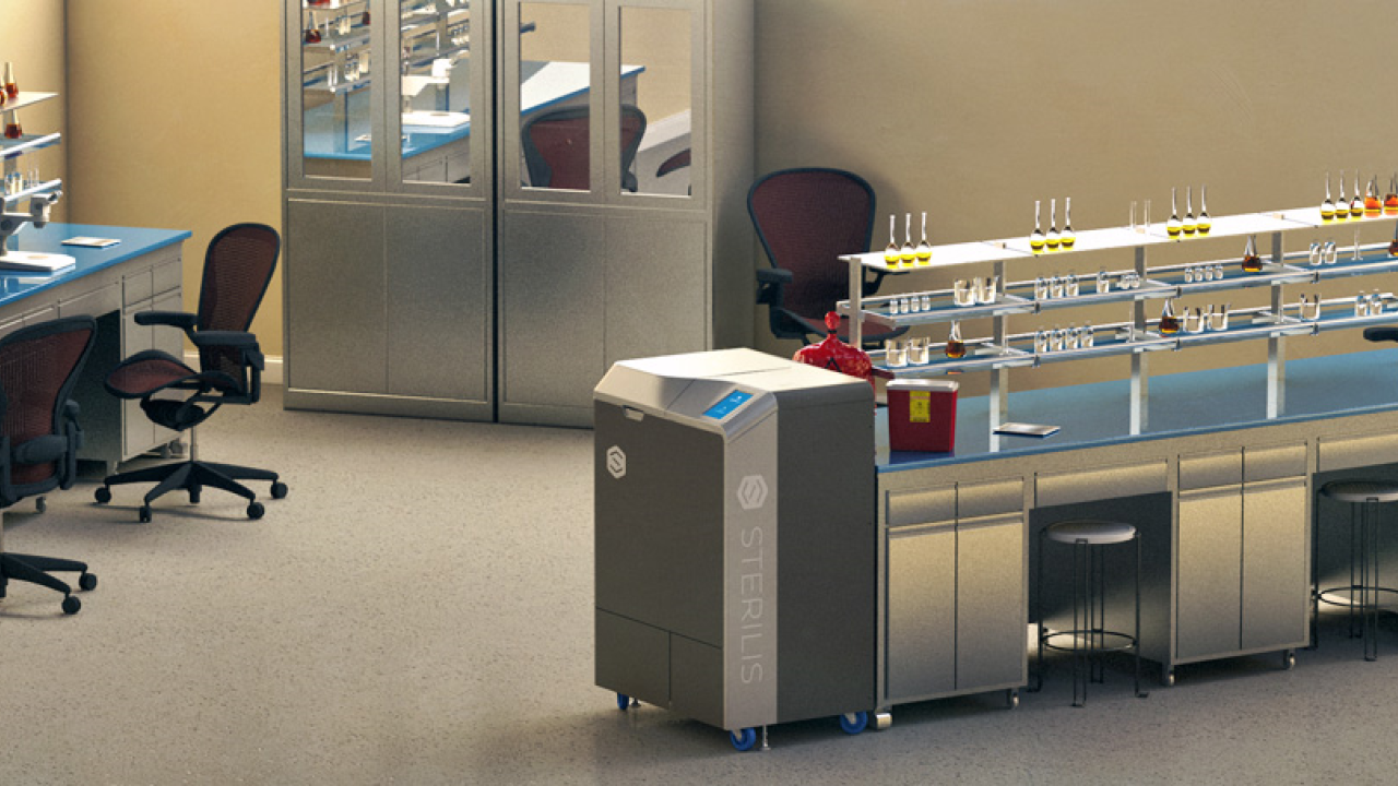 An empty science lab with a Sterilis Solutions device.