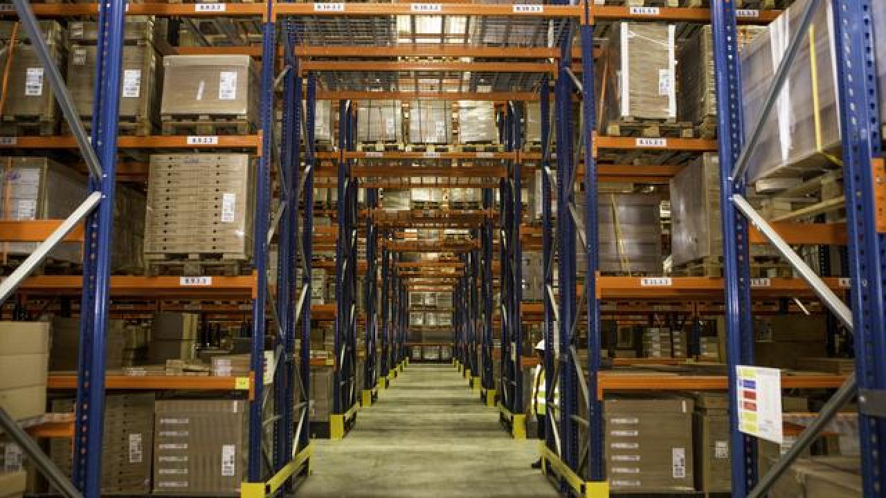 Rows of shelving in a logistics warehouse
