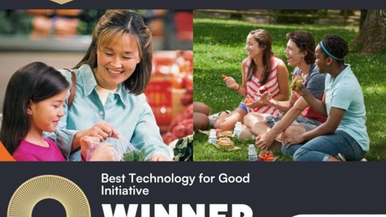 Two people picking groceries and a group of people eating while sitting in grass; text says "Gold Halo, The Halo Awards '25, Best Technology for Good Initaitive Winner Albertsons' Nourishing Neighbors SummerEBT.org presented by: adyen"