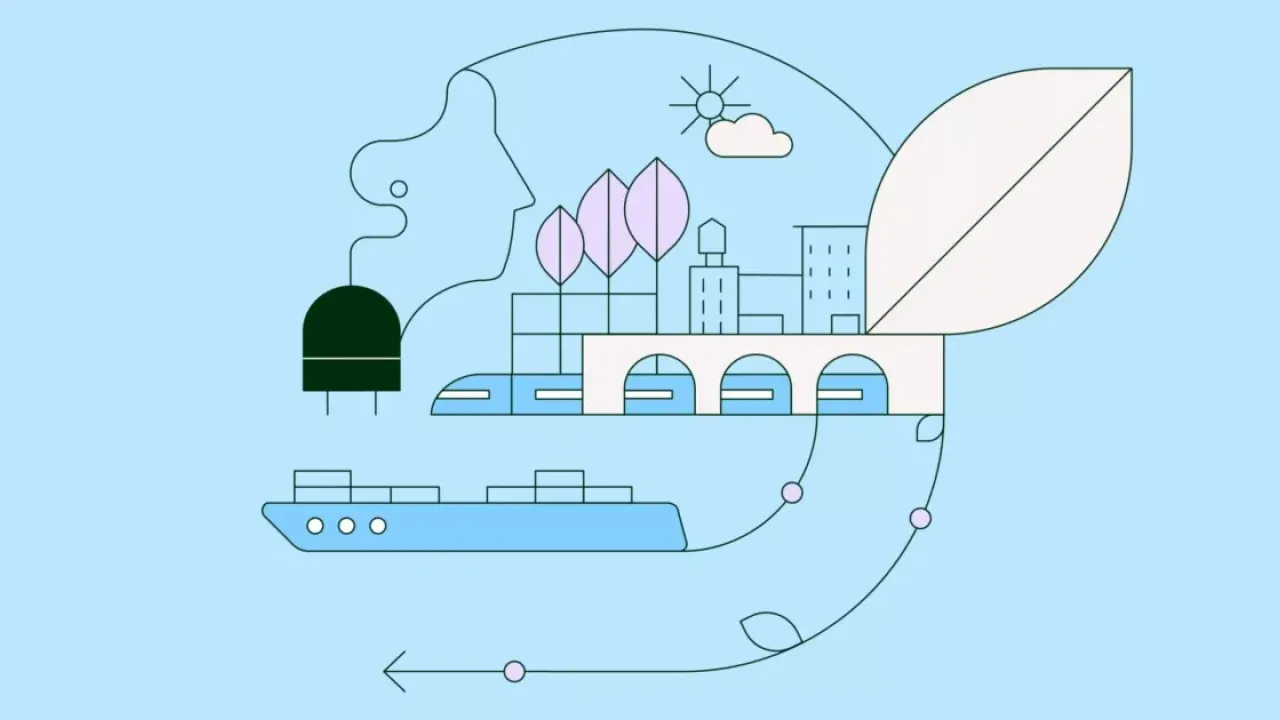 artistic head drawing including a boat, a bridge and a leaf