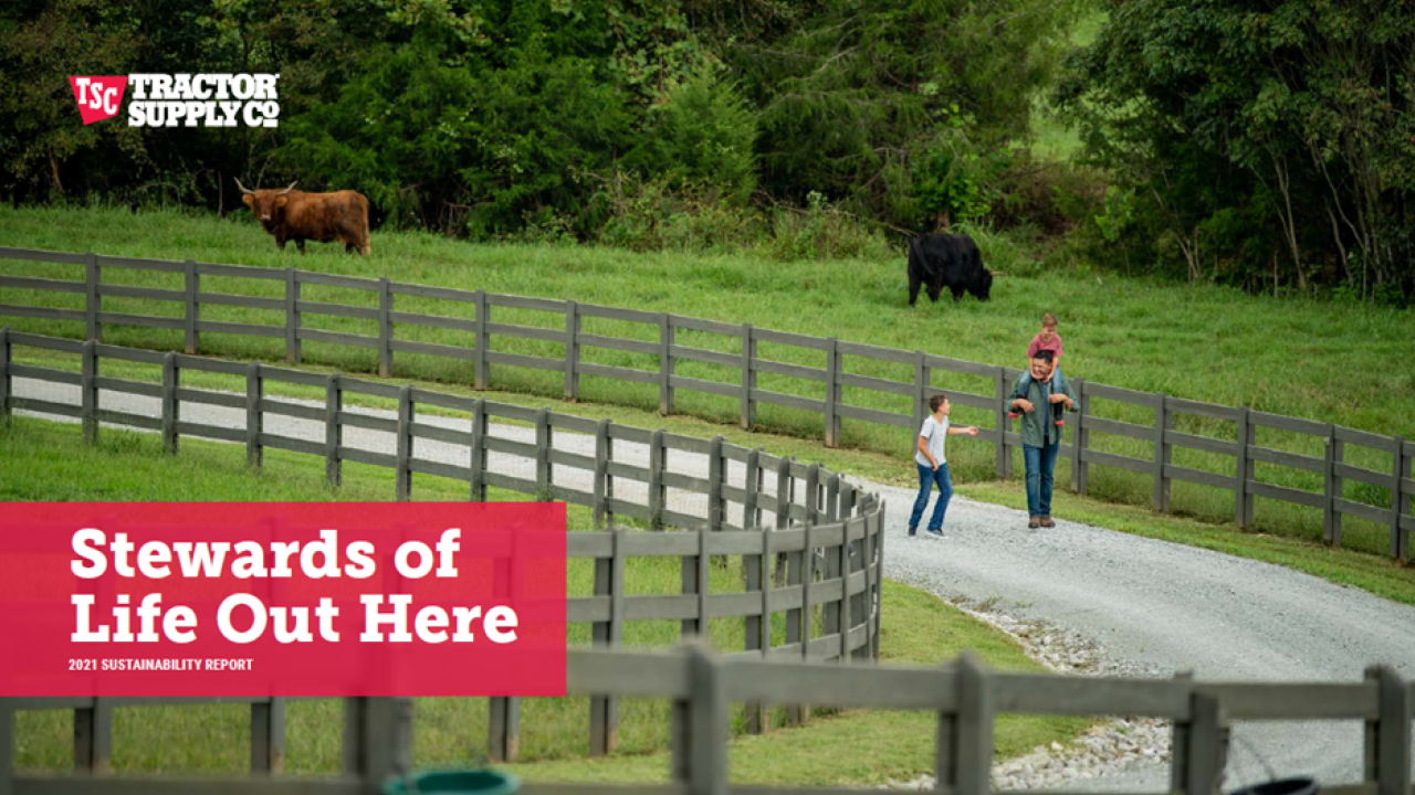 Parent walking with two kids down a road on a farm. Reads " Stewards of Life Out Here. 2021 Sustainability Report"