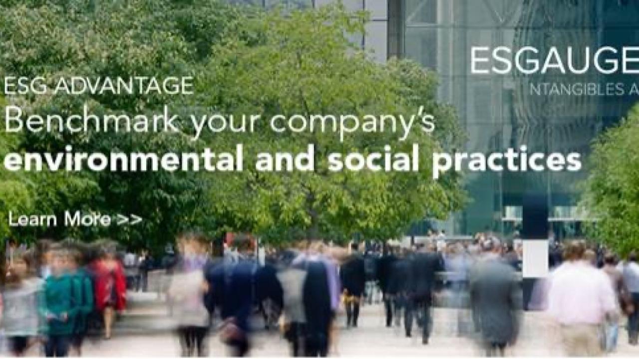 Crowd of people in the city with the text, "ESGAUGE: ESG Advantage - Benchmark your company's environmental and social practices"