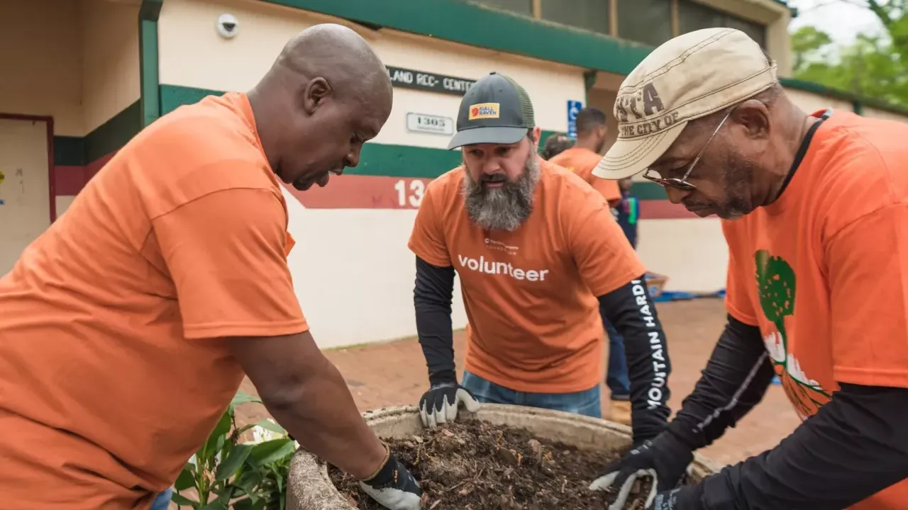 A group of volunteers planting flowers