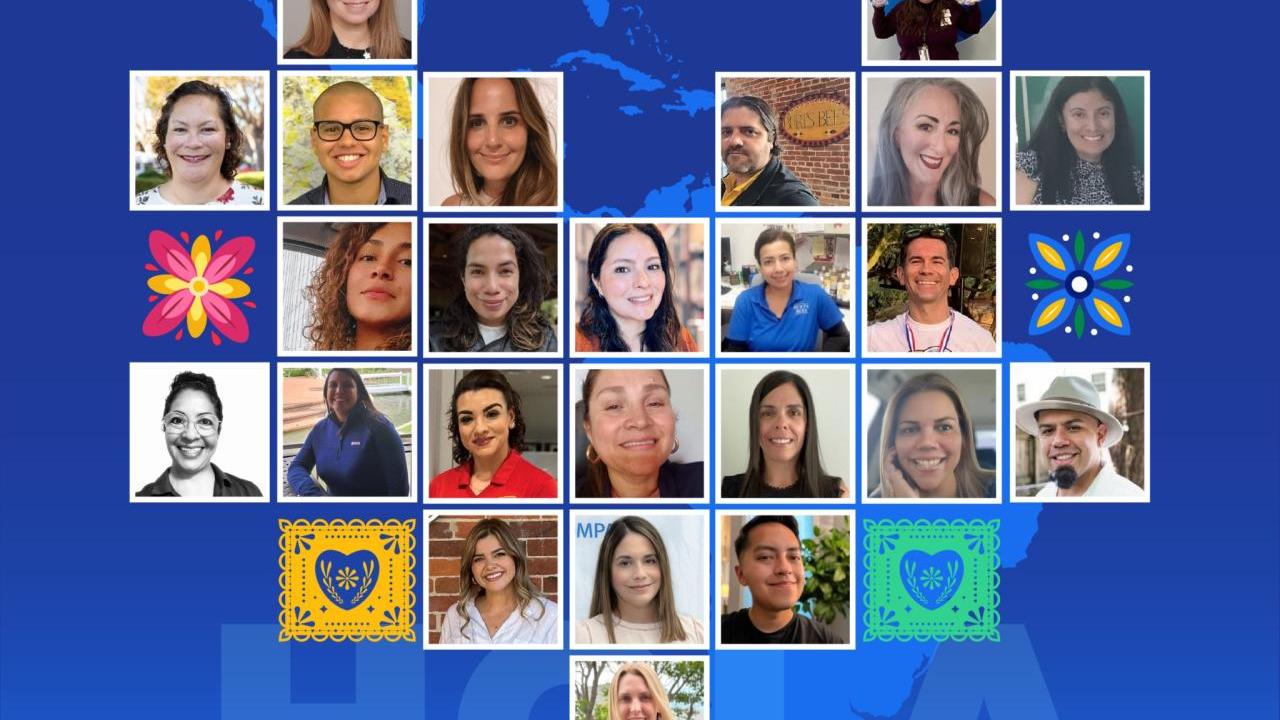 Multiple headshots of different people in a shape of a heart on a blue background