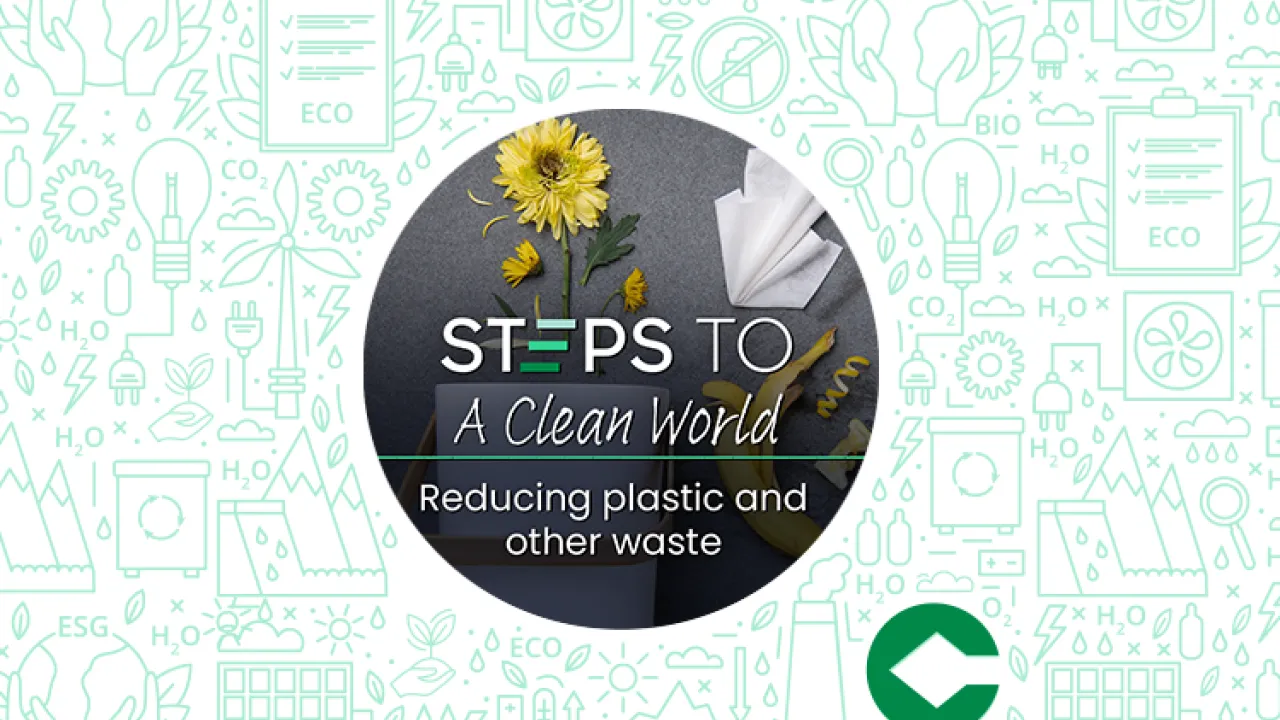 Logo with the words "STEPS TO A Clean world - Reducing plastic and other waste"