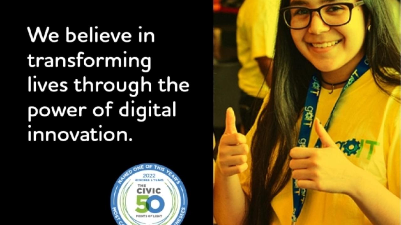 Image of a young woman giving the thumbs up with following words superimposed: "We believe in transforming lives through the power of digital innovation." 