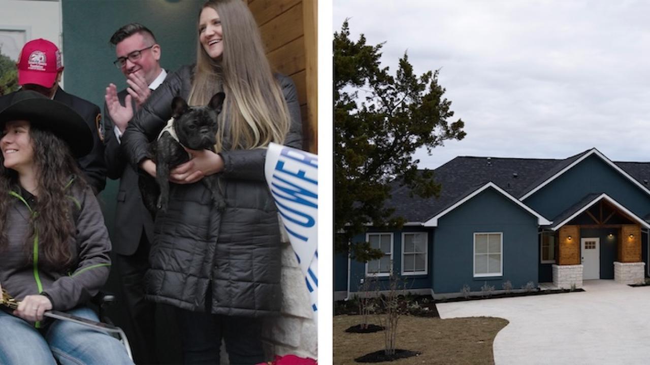 U.S. Army Specialist (SPC) Maggie Bilyeu shown in her new home and with The Home Depot Foundation volunteers.