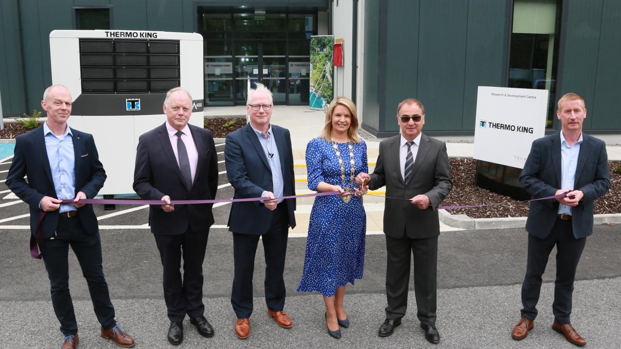 Trane Technologies’ Thermo King in Galway, Ireland opened their new R&D Center on Friday. Pictured at the opening were Mayor of Galway Clodagh Higgns with (l-r) Ken Gleeson, Engineering Leader, Thermo King; Ray O'Connor, head of regions, IDA; Cormac Mac Donncha, VP, Integrated Supply Chain, Thermo King; Bernd Lipp, VP, Engineering & Technology, Thermo King; and Mike Stratford, Thermo King Operations Leader, Ireland