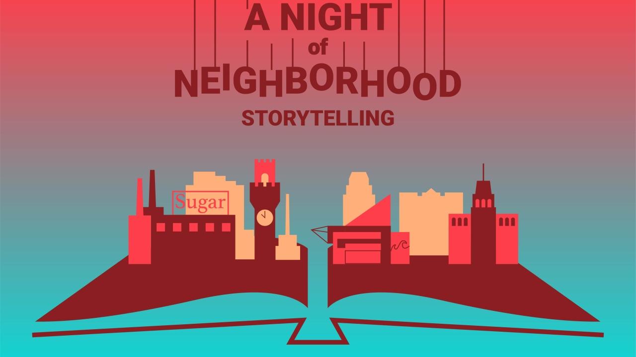Marionette hands hang text that reads: A Night of Neighborhood Storytelling