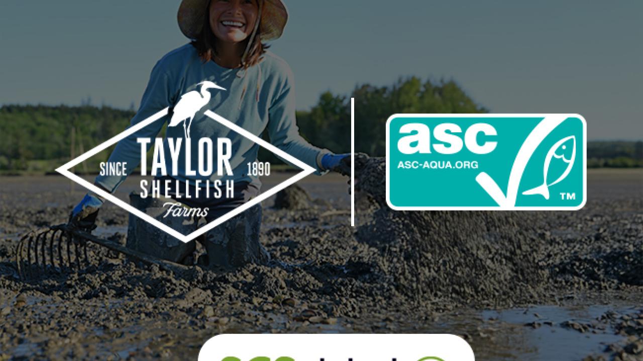 Aquaculture farm in background with SCS, ASC, and Taylor Farms logos