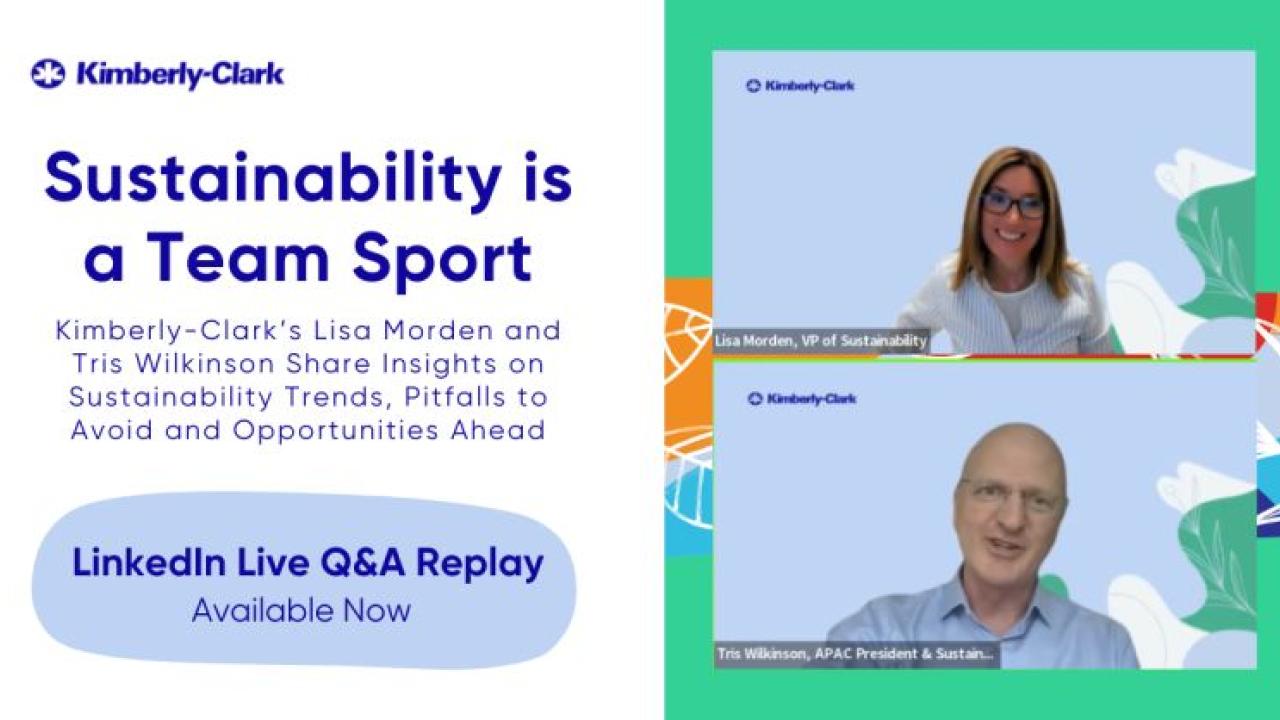 "Sustainability is a team sport" and synopsis next to a split screen of both speakers.