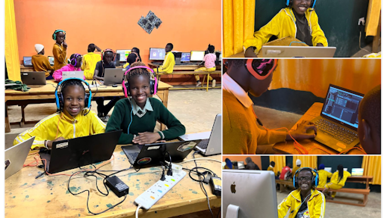 Collage of smiling students using headphones, laptops, and other devices in a school setting.
