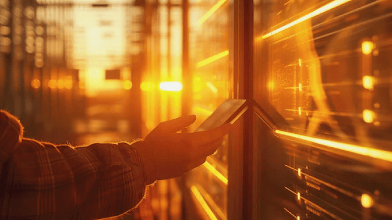 Hand holding a smartphone in a server room.