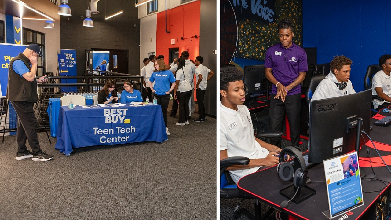 Collage of two photos of students using the Best Buy Teen Tech Center