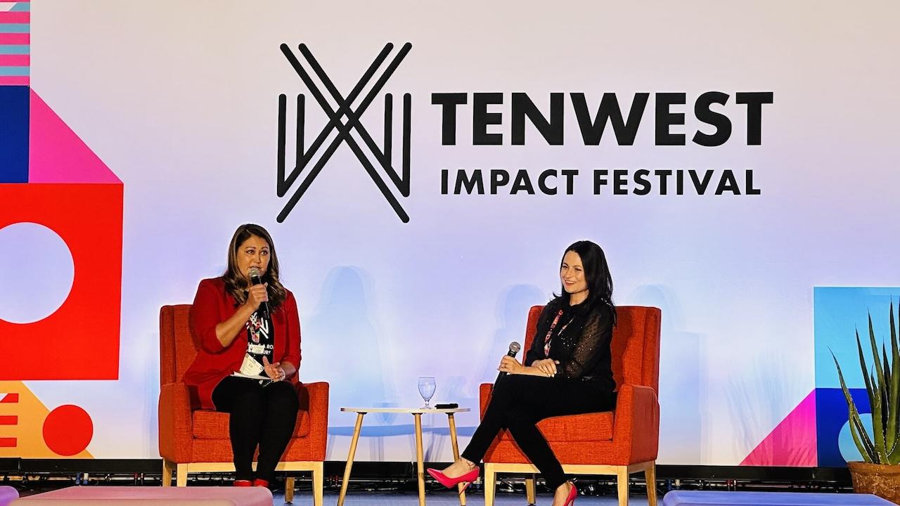 Tenwest Impact Festival;  GoDaddy’s Sr. Director of Venture Forward, Alexandra Rosen shown on stage.