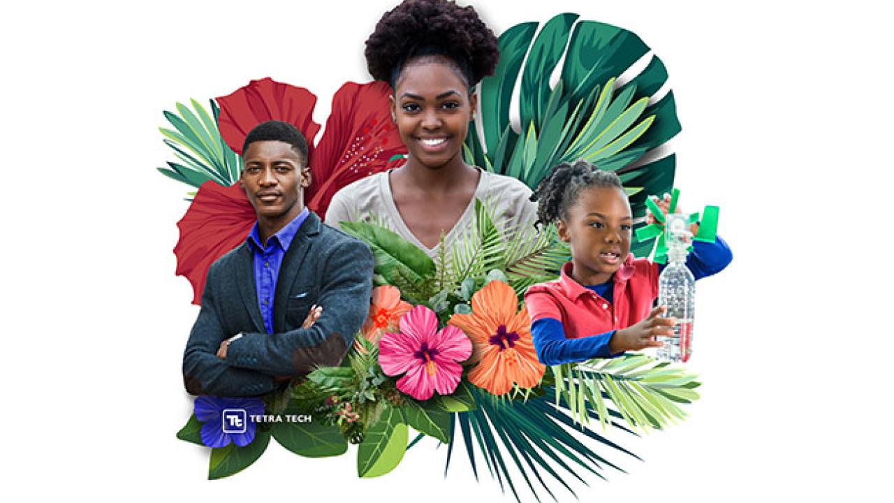 3 students pictured among illustrations of flowers