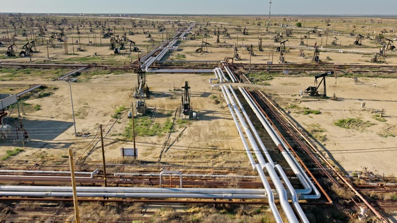 Aerial view of a pipeline sprawling across land