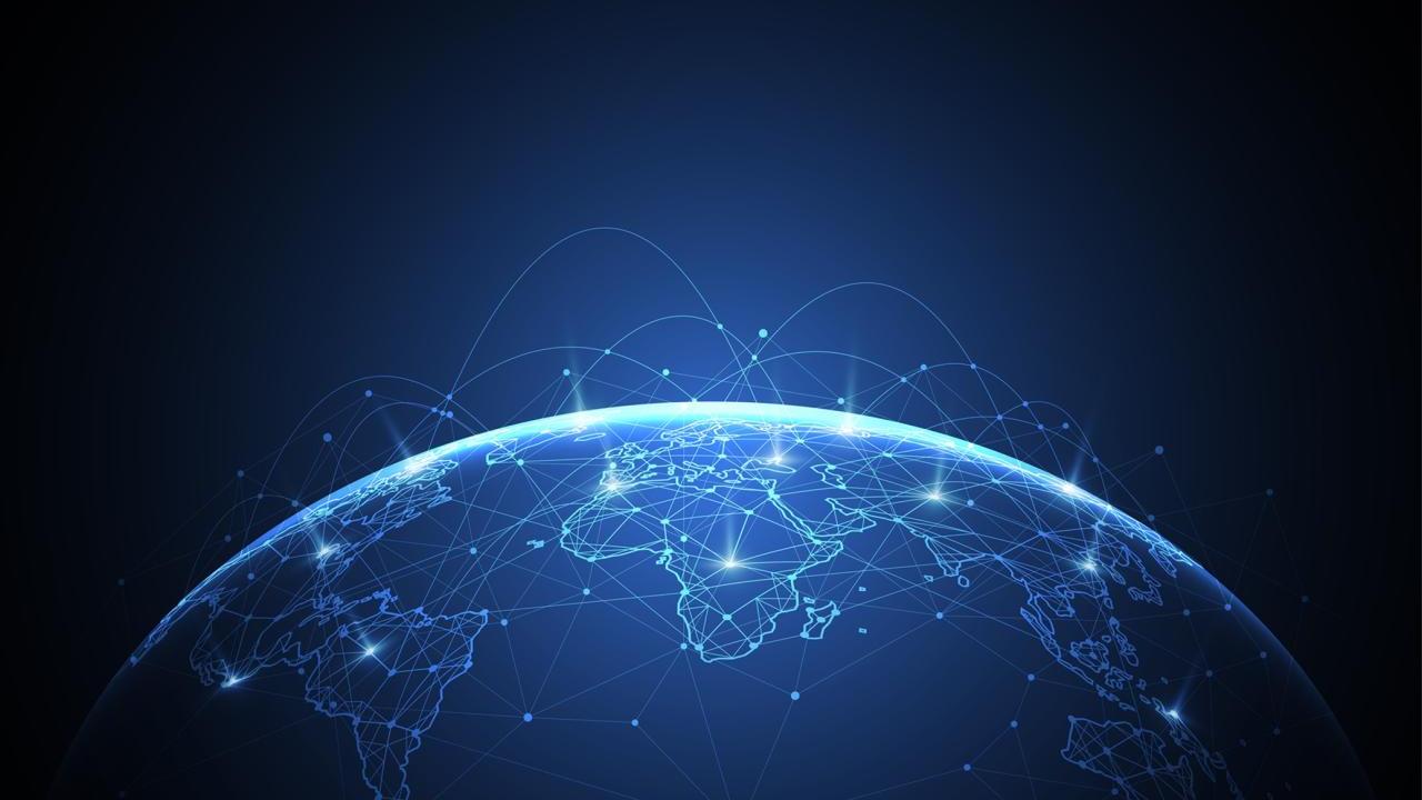 Abstract half of globe on horizon. Blue dots and lines connecting cities.
