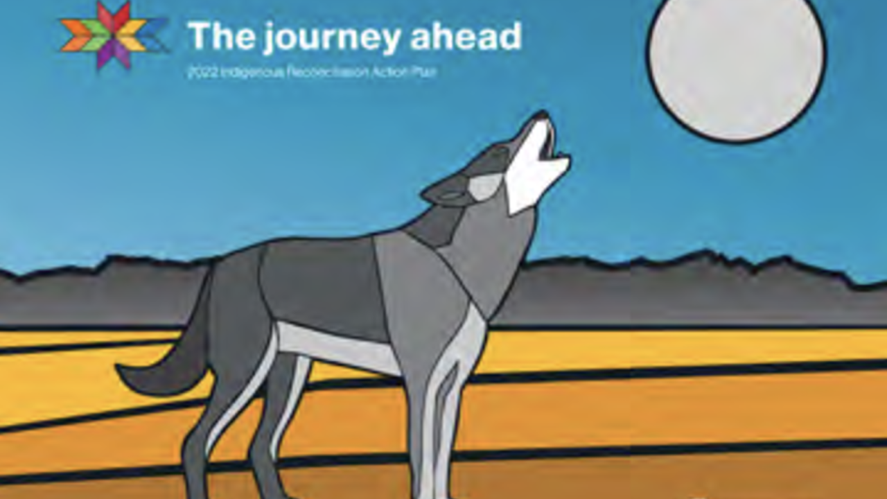 Illustration of a wolf howling at the moon wit the text"The journey ahead" 