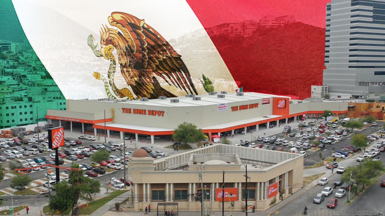 New Home Depot location in Mexico; Mexican flag shown in background.