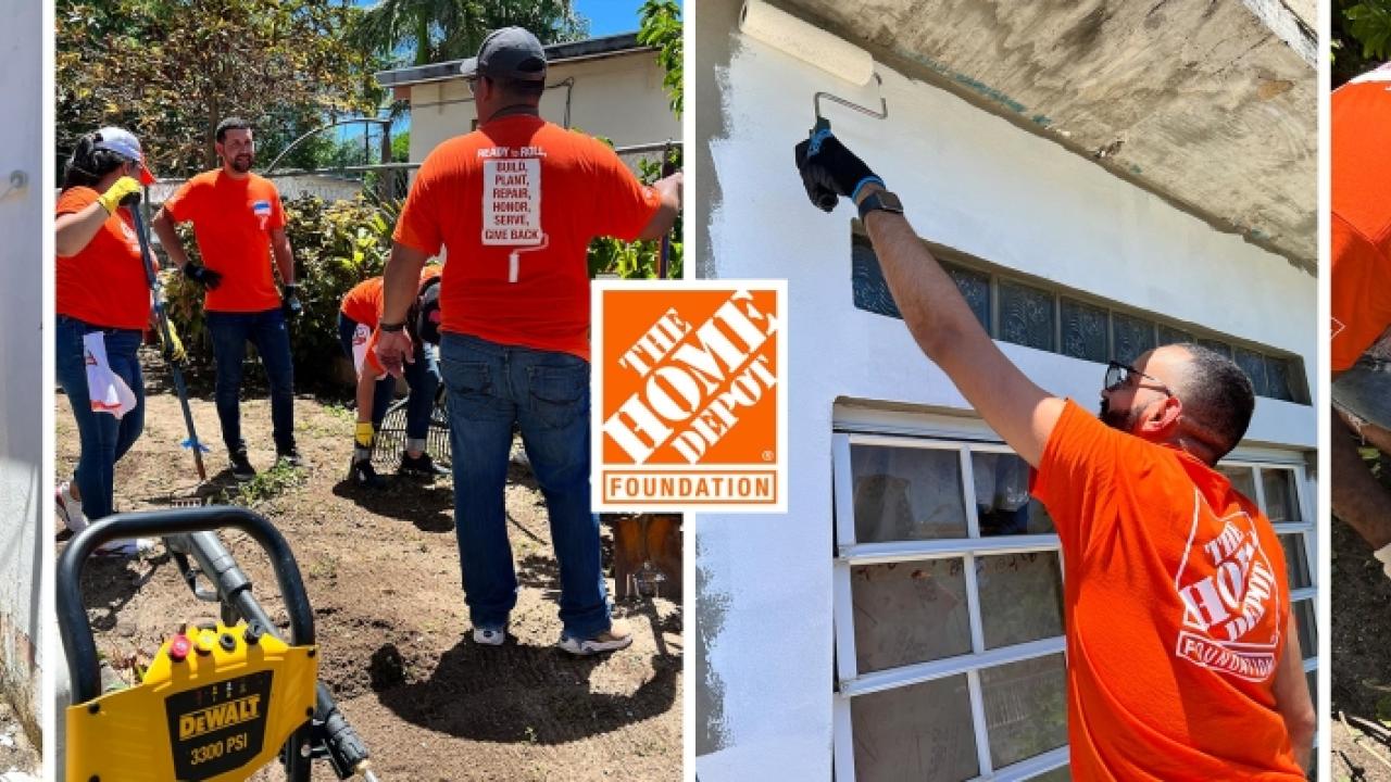 Home Depot volunteers painting, repairing and working on the garden of a home.