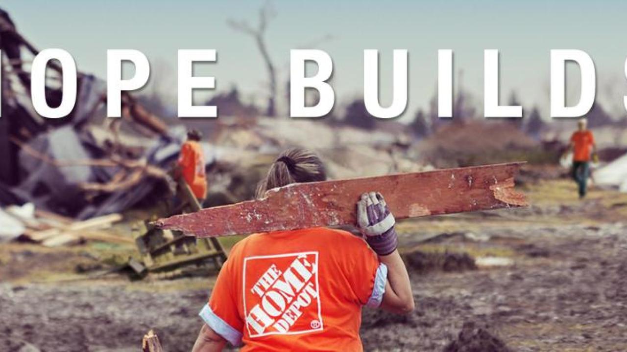 The Home Depot: Hope Builds. Home Depot volunteers shown rebuilding after a disaster.
