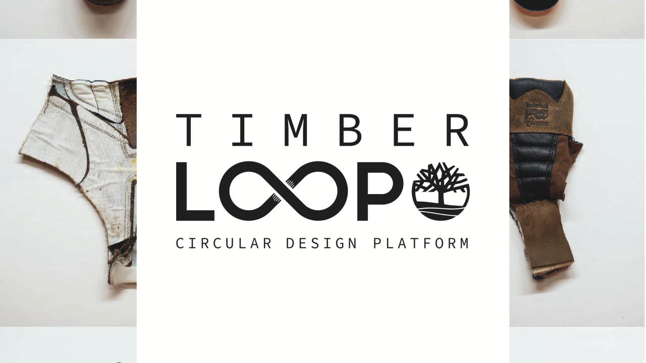 Timberloop logo over Timberland products with words "Circular Design Platform, Taking Back Worn Items, Giving Them A New Life"