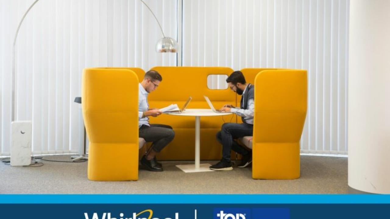 "Whirlpool Corporation: top employer Europe 2022" logo with people working on an orange couch
