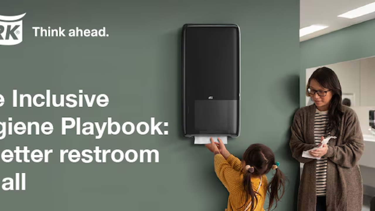 Tork: The Inclusive Hygiene Playbook. A better restroom for all. A mother and her daughter shown in a restroom.