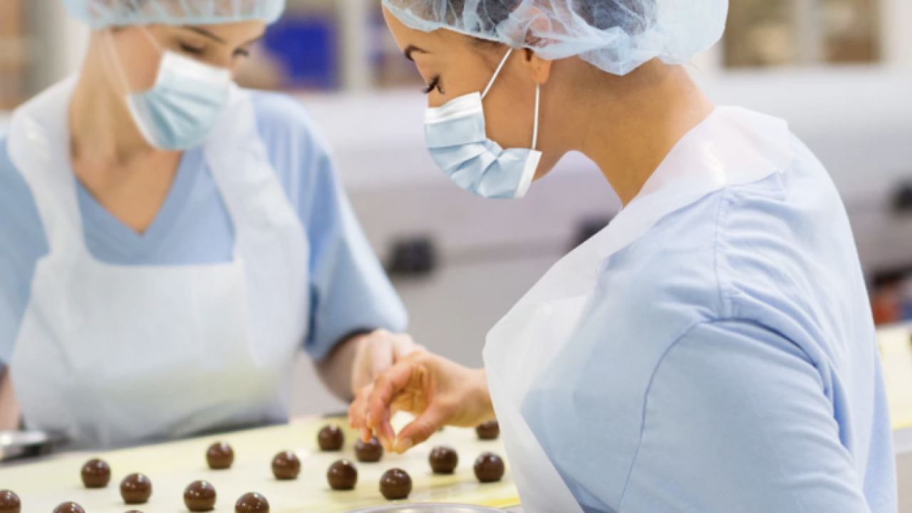 Gowned and gloved workers inspect production line.