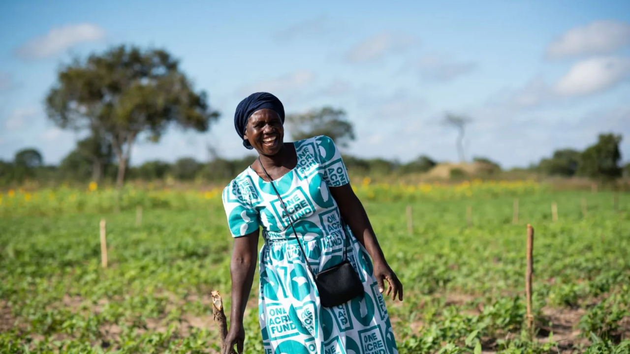 woman in a blue-green dress standing in a green field