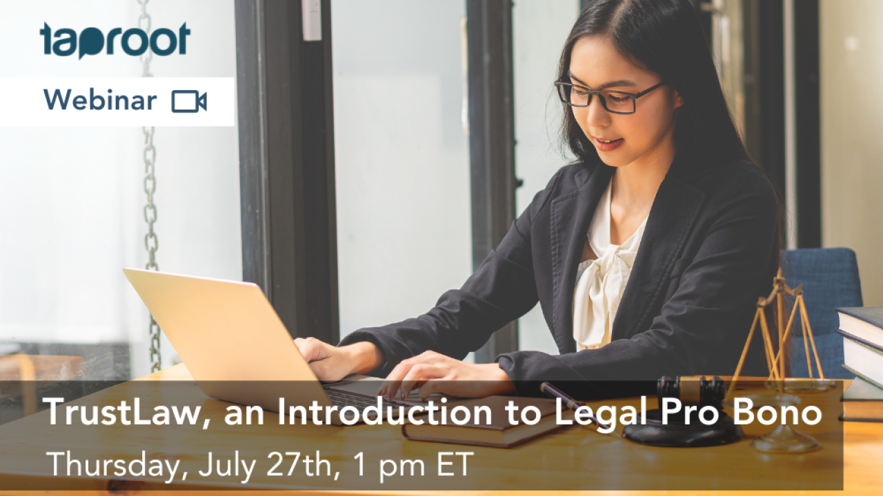 Woman working on a laptop with TrustLaw, an Introduction to Legal Pro Bono webinar information overlay