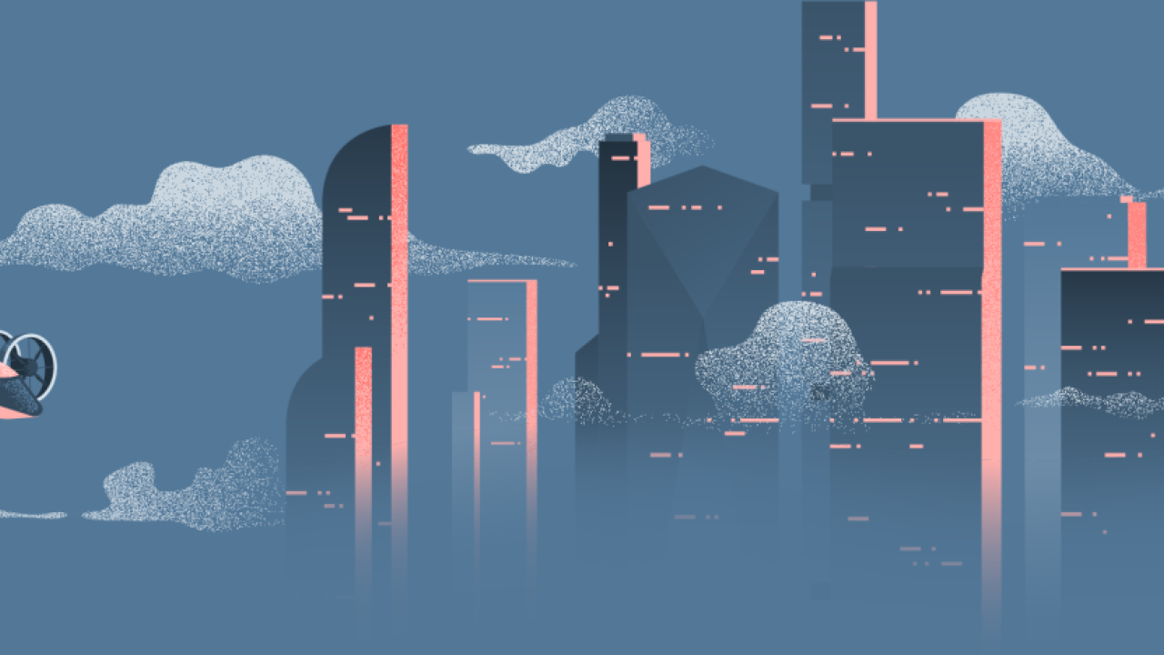 Abstract image of tall buildings in the clouds. An airplane flying off to the side