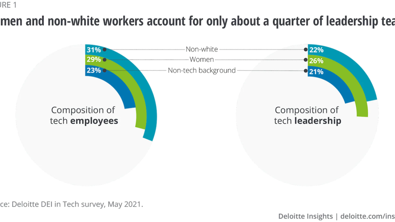 Graph showing women and non-white workers account for only about a quarter of leadership teams