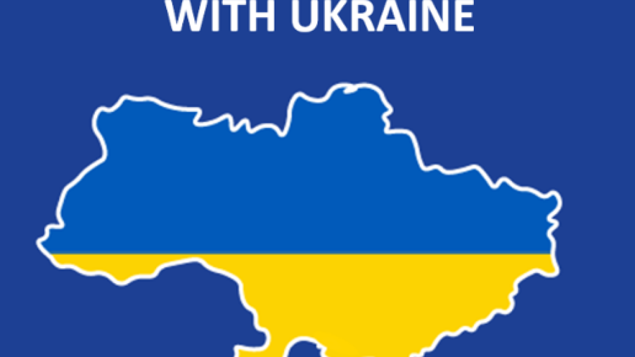 "Standing in Solidarity with Ukraine" with a map of Ukraine in blue and yellow