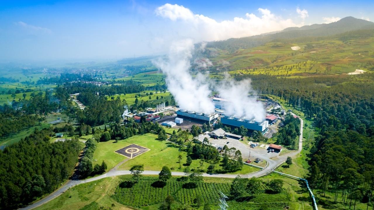 Aerial view of a geothermal power plant.