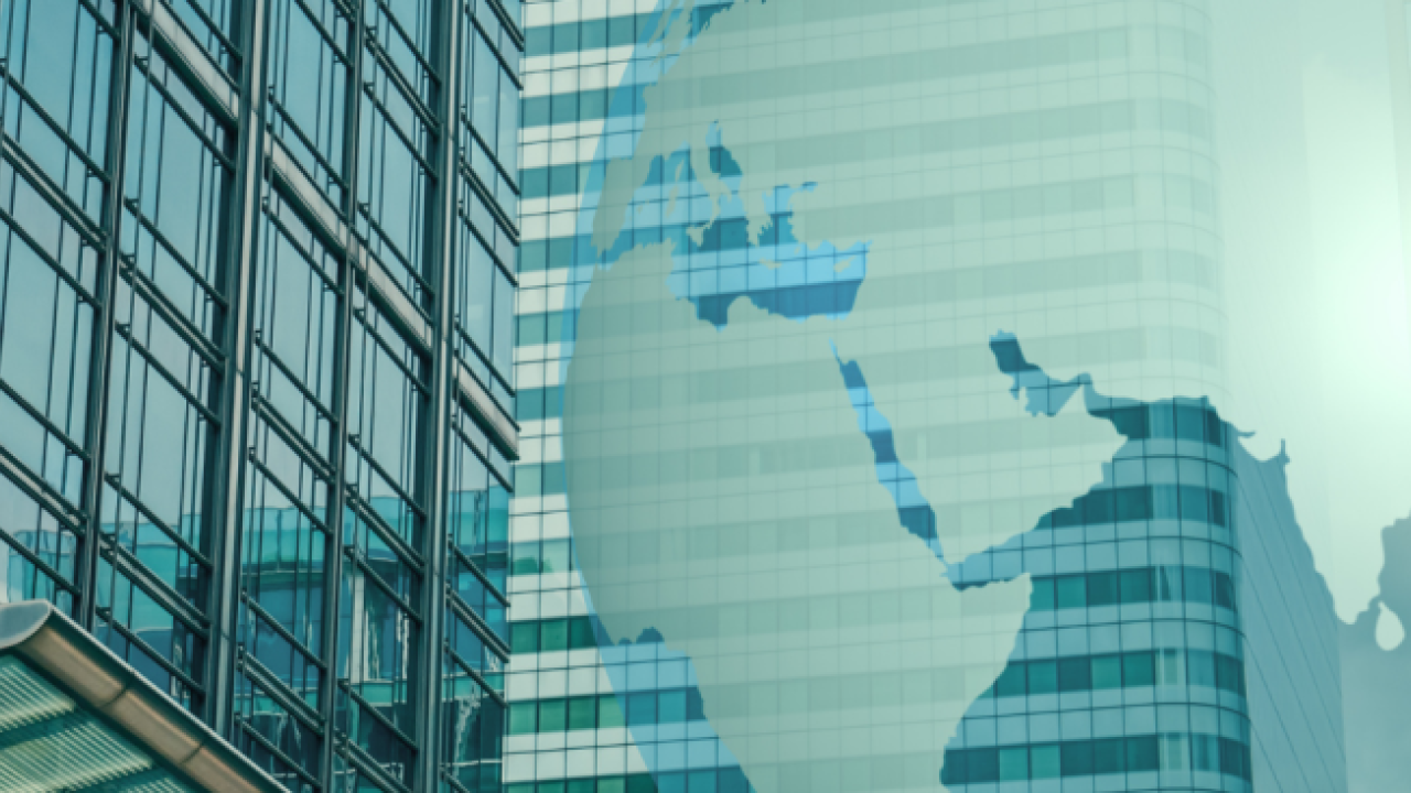 Building with globe overlay
