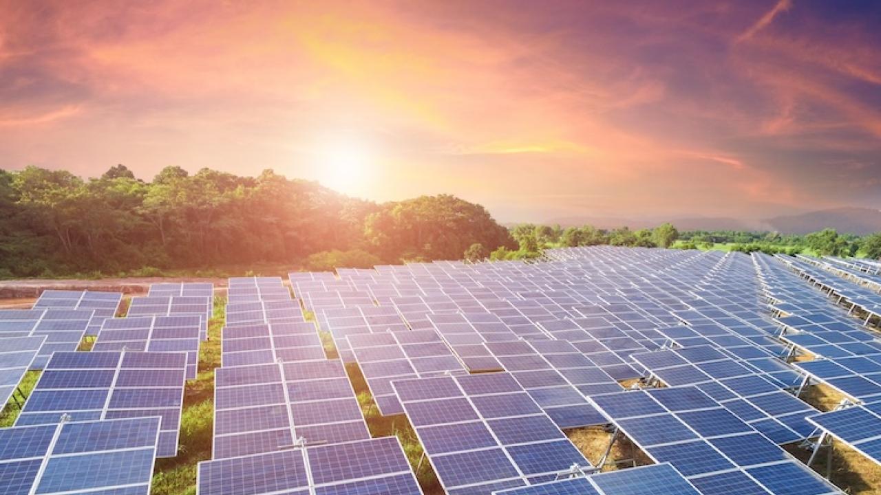 Solar panel shown at sunset.