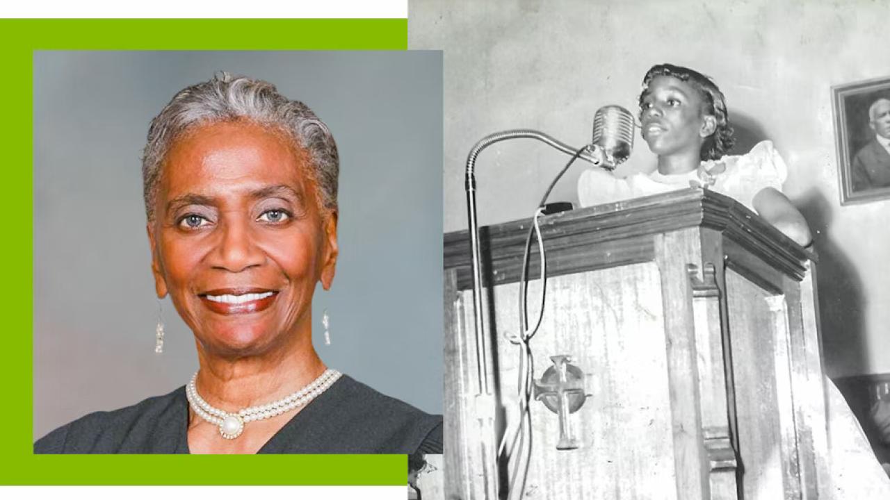 Collage of two photos: Left- Judge Vanzetta McPhearson in judicial robe, Right- Vanzetta at a podium as a child