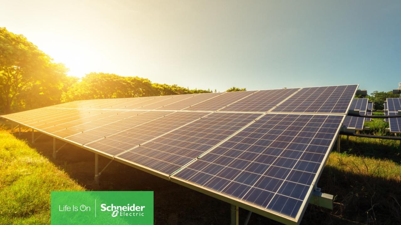 Sunsetting behind a solar farm