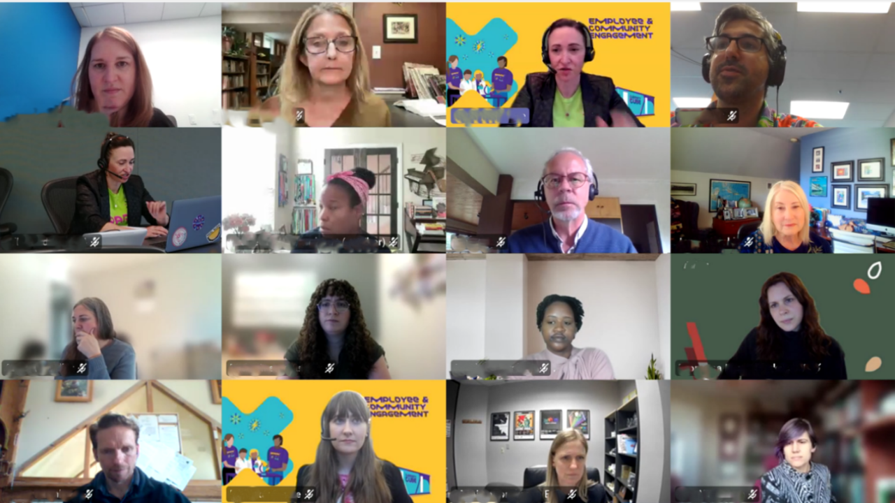 A 16-grid virtual meeting shows attendees in individual video tiles. 