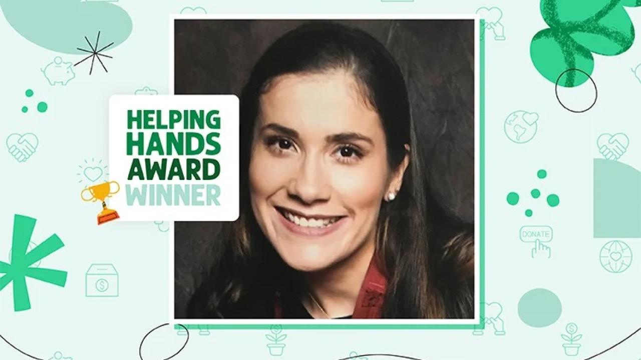 "Helping Hands Award Winner" with Mary's headshot