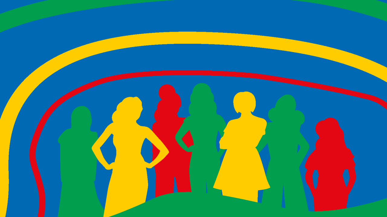 Colorful silhouettes of seven people. Block colors of blue, green, yellow and read around them.