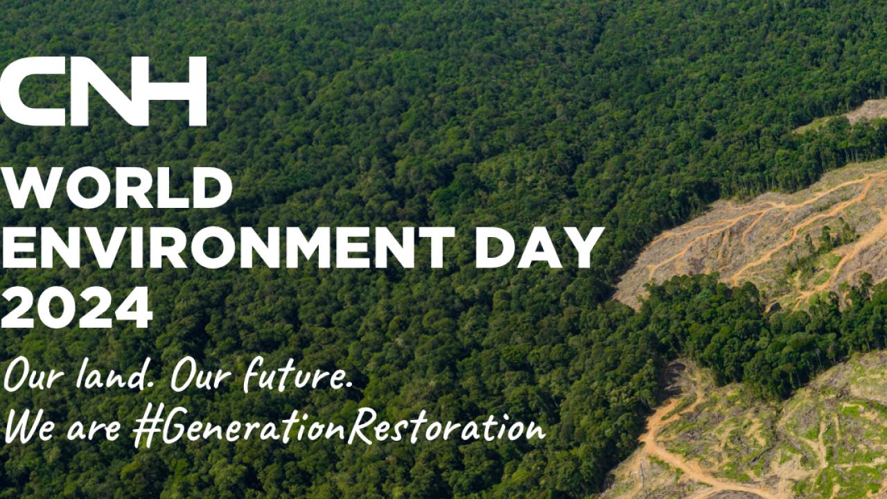 Over an aerial view of a wooded area "CNH World Environment Day 2024."