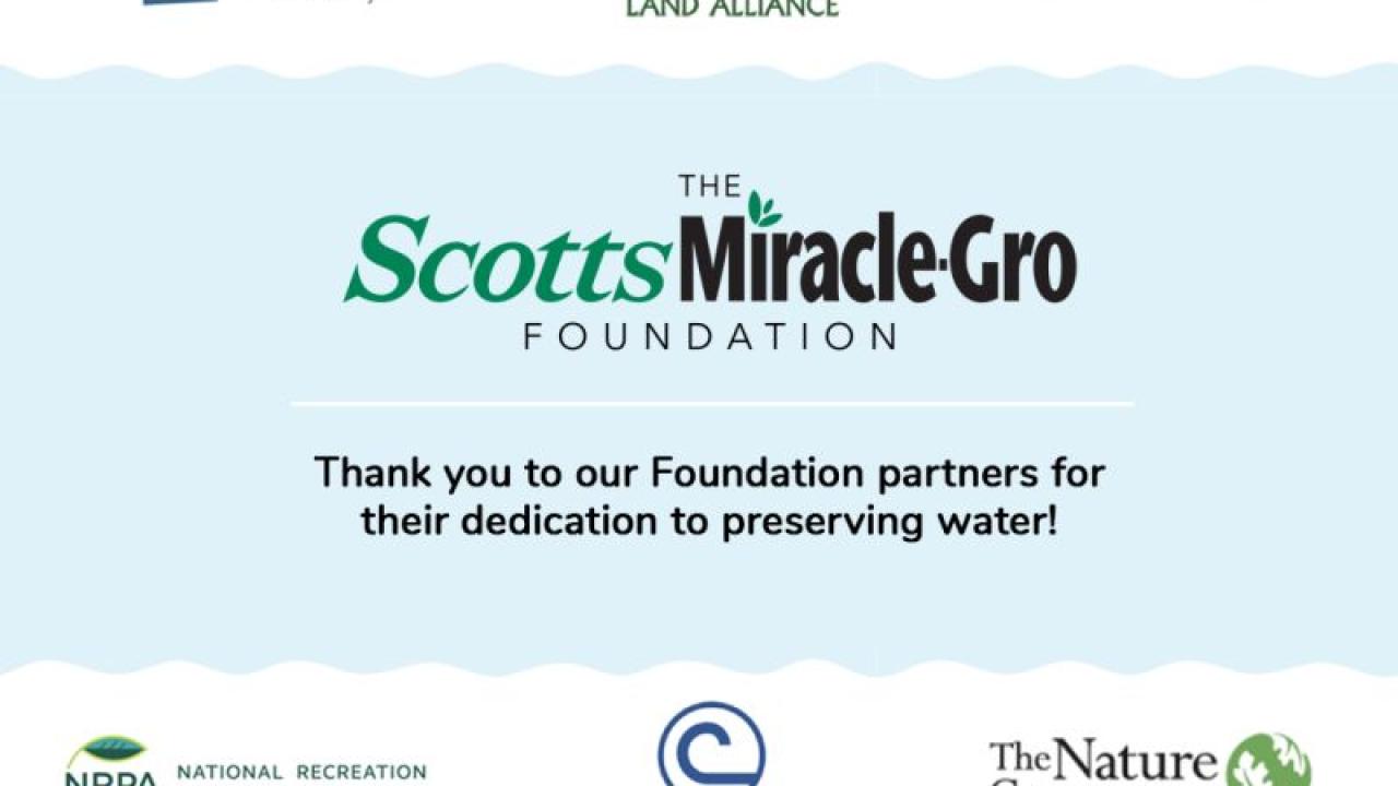Scotts Miracle-Gro Foundation's logo surrounded by the logos of their partners in preserving water