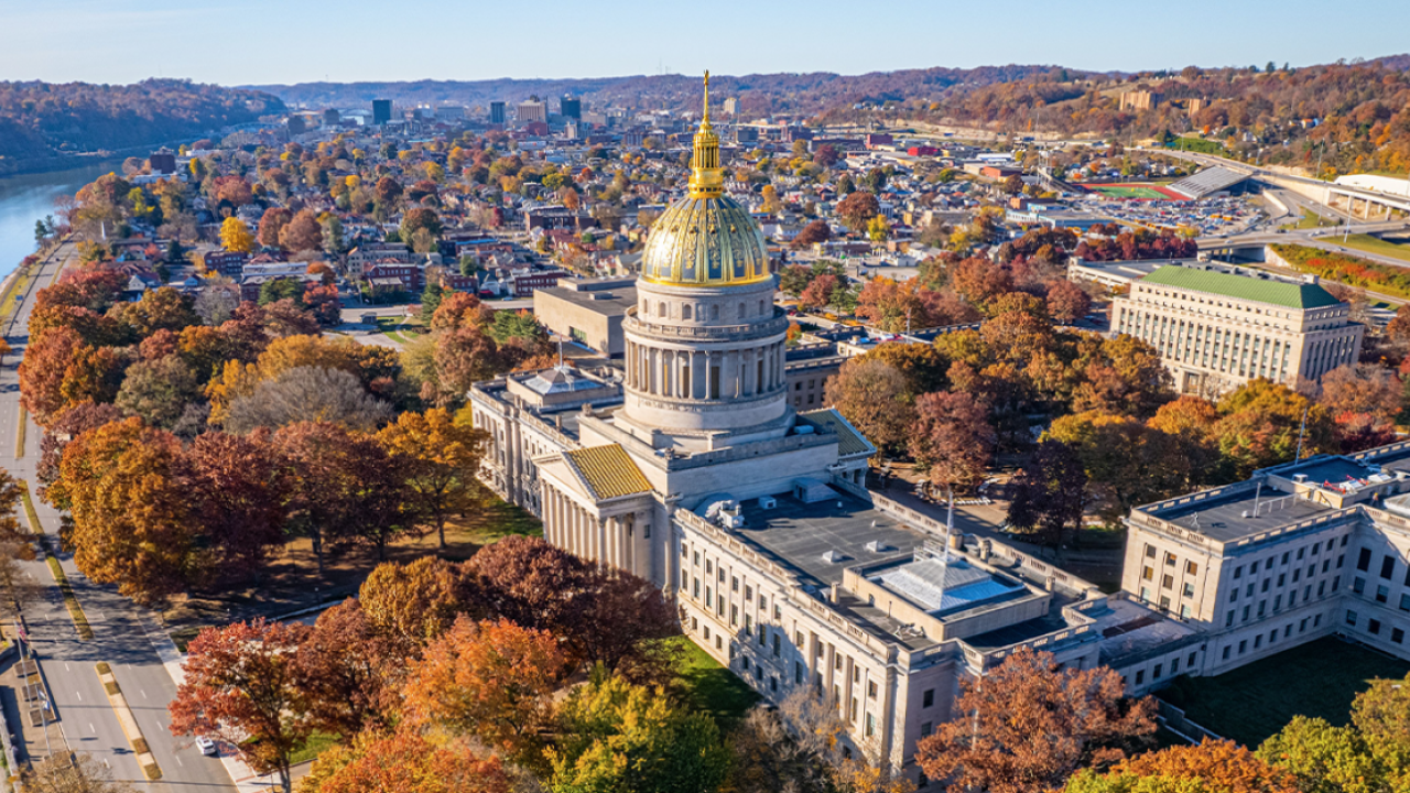 Aerial view of the West Virginia Capitol building.