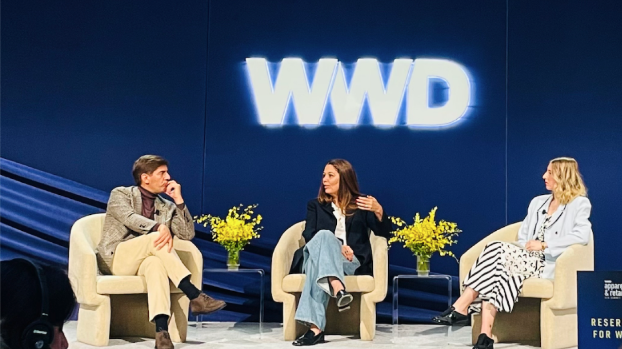 (r)Kaley Roshitsh, SAC editorial director moderating a panel at the WWD Apparel and Retail CEO Summit