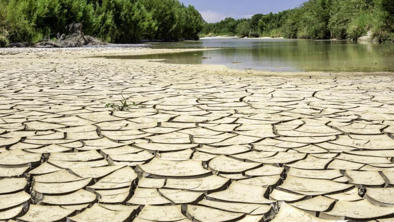 Dry land with water in the distance