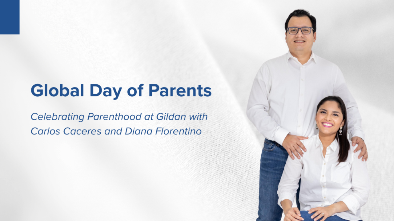 Two parents at Gildan featured against a white fabric backdrop.
